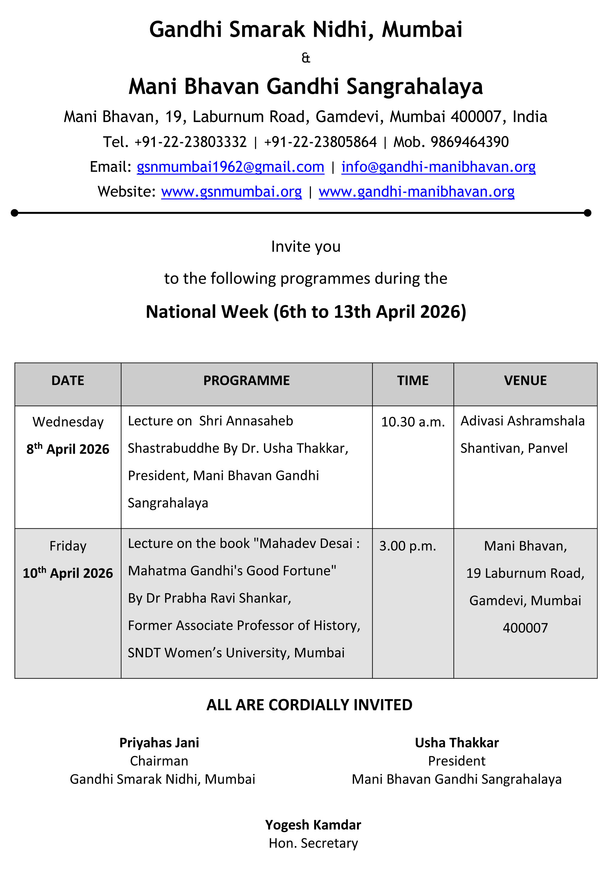 Invitation for the National Week Programme from April 6 to 13, 2023
