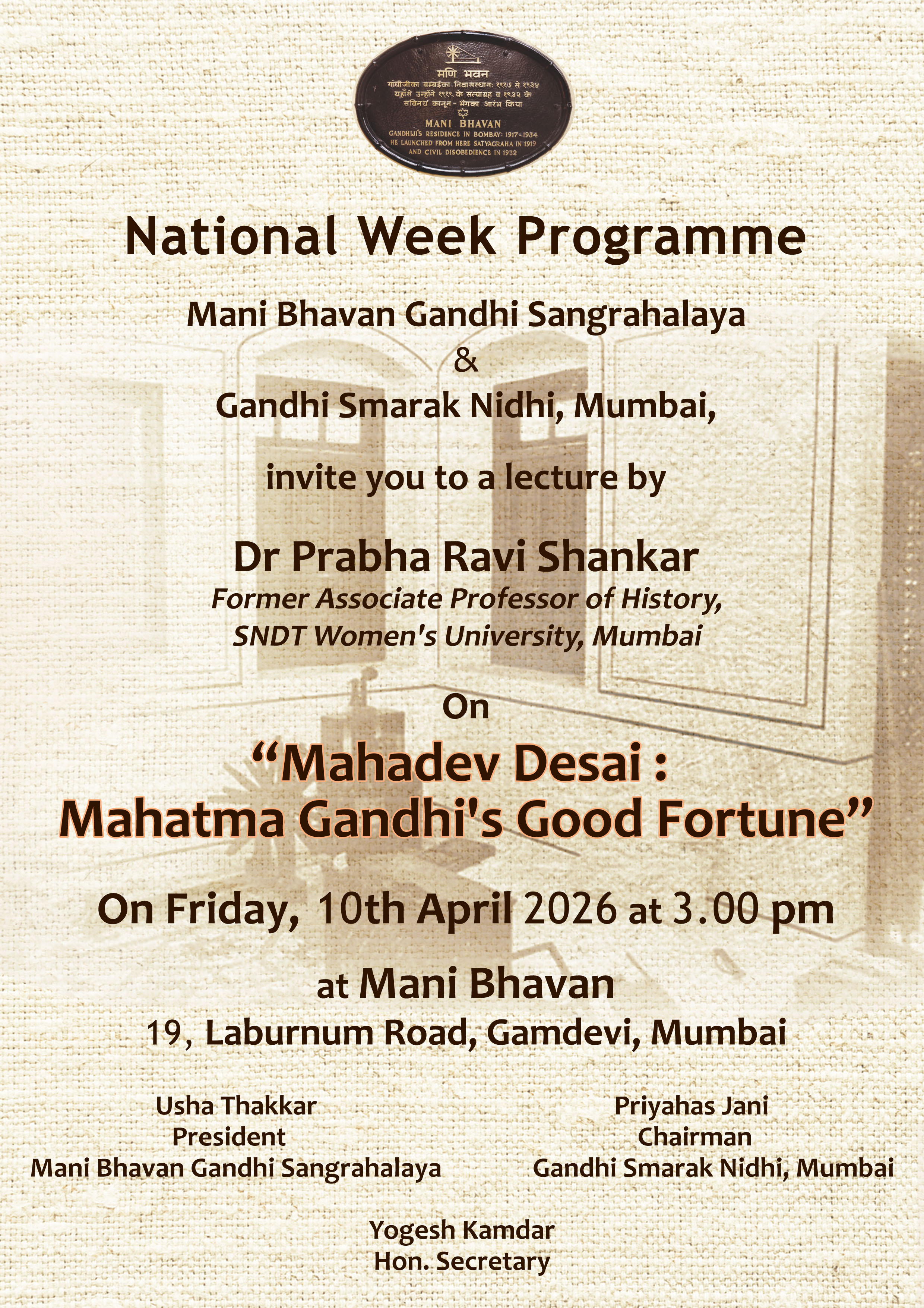 Invitaiton for the lecture by Dr Prabha Shankar on Friday, April 10, 2026 at Mani Bhavan